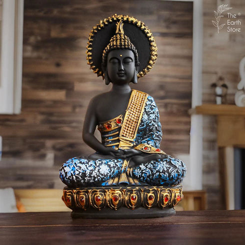 Majestic Meditating Buddha Statue Black Blue - The Earth Store - home decor